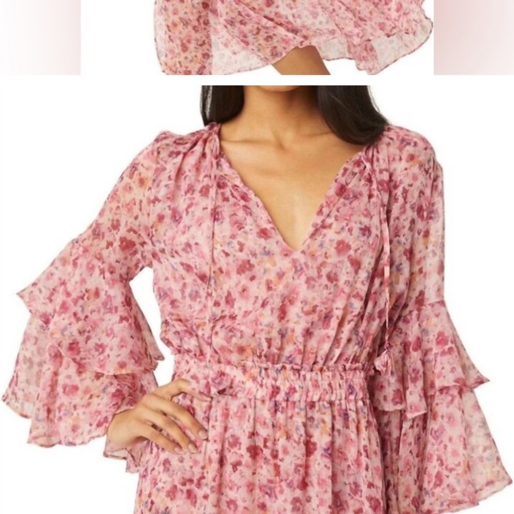 Misa Los Angeles Floral Pink Ruffle Sleeve Dress